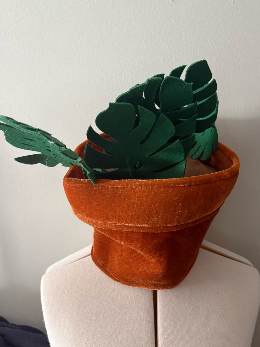 Velvet Rust Orange Bucket Hat with Green Leaf Accent
